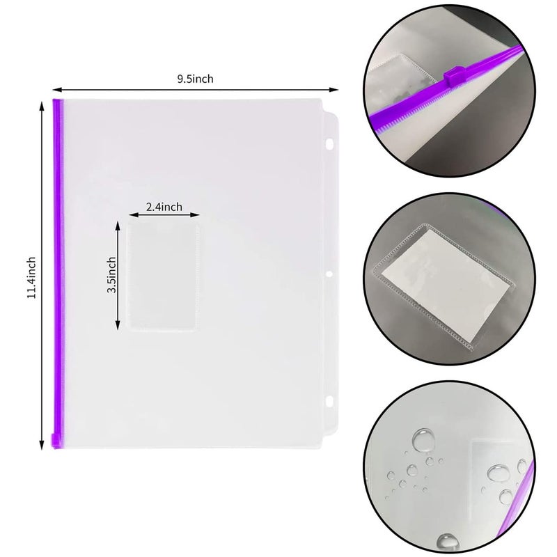 YoeeJob 8 Packs 3-Hole Clear Zipper Binder Pockets  Binder Insert Pages with Card Slots Suitable for School or Office to Organize Document  white - Image 2